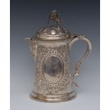 A large Victorian silver spreading cylindrical flagon,