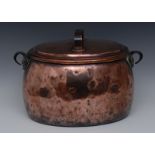 A large 19th century copper oval hearth cooking pot, arched handle, iron hooks to sides, 43cm wide,