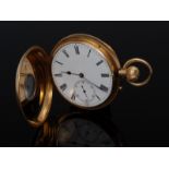 J W Benson - a Victorian 18ct gold half hunter pocket watch, enamelled front cover,