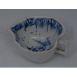 A Derby leaf shaped pickle dish, pained in underglaze blue with hut on an island, twig handle,