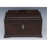 An early George III mahogany rectangular tea caddy, domed cover with brass swan neck handle,