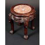 A Chinese padouk wood jardinere/fish bowl stand, inset marble top, beaded border, deep frieze,