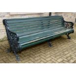 A Victorian Coalpbrookdale cast iron and slatted wood garden bench, acanthus scroll ends,
