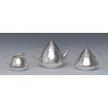 A Dutch Art Deco electro-plated three piece conical bachelor's tea service, comprising teapot,