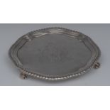 A George II silver shaped circular salver, gadrooned border,