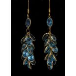 A pair of blue topaz grape cluster drop earrings, 14ct gold wirework hooks, 36mm drop, stamped 585,