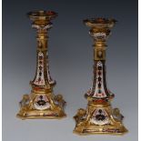 A pair of Royal Crown Derby 1128 pattern Castleton candlesticks, shaped sconces,