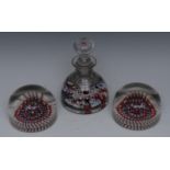 A Victorian Stourbridge glass inkwell and stopper, coloured canes, 14.5cm high, c.