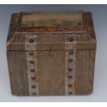 An unusual 19th century paper covered tea caddy, hinged cover set with a view of a Regency street,