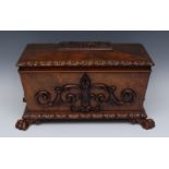 A substantial William IV walnut sarcophagus tea caddy or casket, hinged cover,