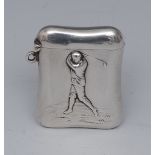 Golf - a Victorian silver cushion shaped vesta case, embossed with a golfer taking a swing,