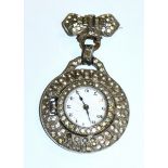 A Lady's silver coloured marcasite watch, ribbon tied suspension, white dial, Arabic numerals, 5.