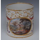 A Derby Porter mug, decorated with cottage and river within gilt oval cartouche,