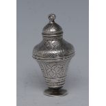 A 17th century silver vase shaped pomander, in four screw-fitting sections, loop finial,