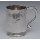 A George II silver mug, scroll-capped handle, skirted base, 11cm high,