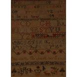 A Victorian needlework sampler, worked by Edith Bradwell, with alphabet, numerals,