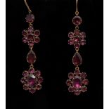 A pair of Georgian style amethyst floral drop earrings, hook suspension loops,