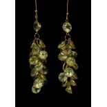 A pair of peridot grape cluster drop earrings, 14ct gold wirework hooks, 30mm drop, stamped 585, 2.