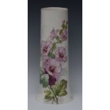 A Willets-Belleek spreading cylindrical vase, painted with Hollyhocks, 35.