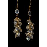 A pair of aquamarine grape cluster drop earrings, 14ct gold wirework hooks, 32mm drop, stamped 585,