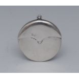 An unusual Edwardian silver circular vesta case, sliding cover, suspension loop finial, 4.