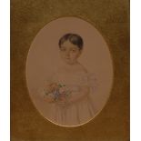 English School (19th century) Portrait of a Flower Girl watercolour, oval, 15cm x 12.