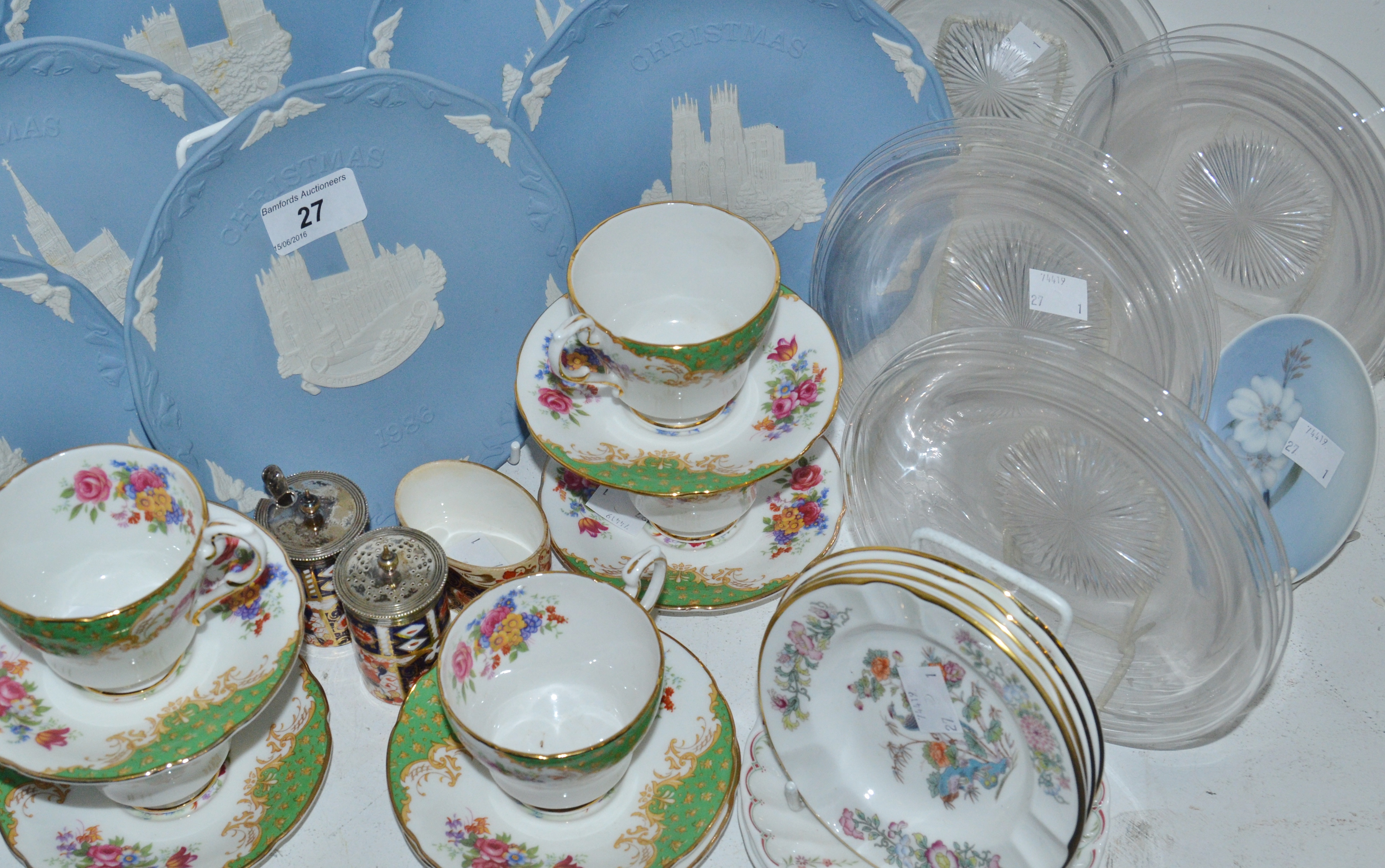 Ceramics and Glass - a set of five Paragon coffee cups and saucers; Wedgewood Christmas plates;