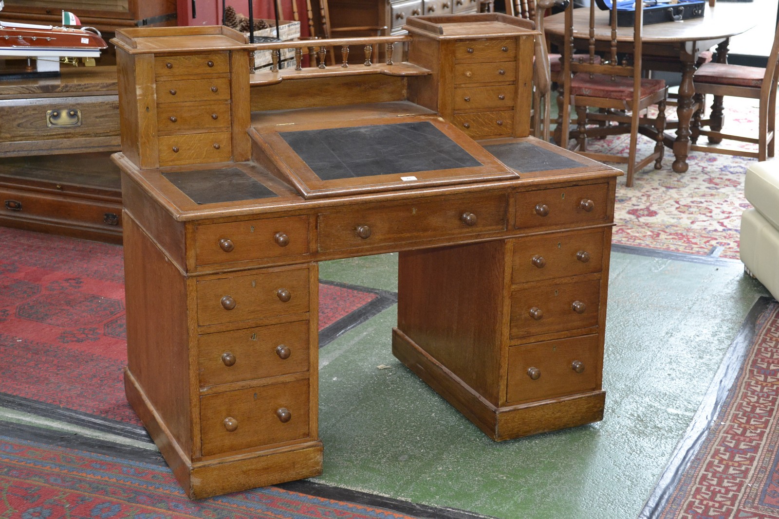 A Victorian oak twin pedestal desk, c.
