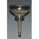 A George III silver wine funnel, shallow ogee bowl, shaped lug, curved spout, crested, 13cm long,