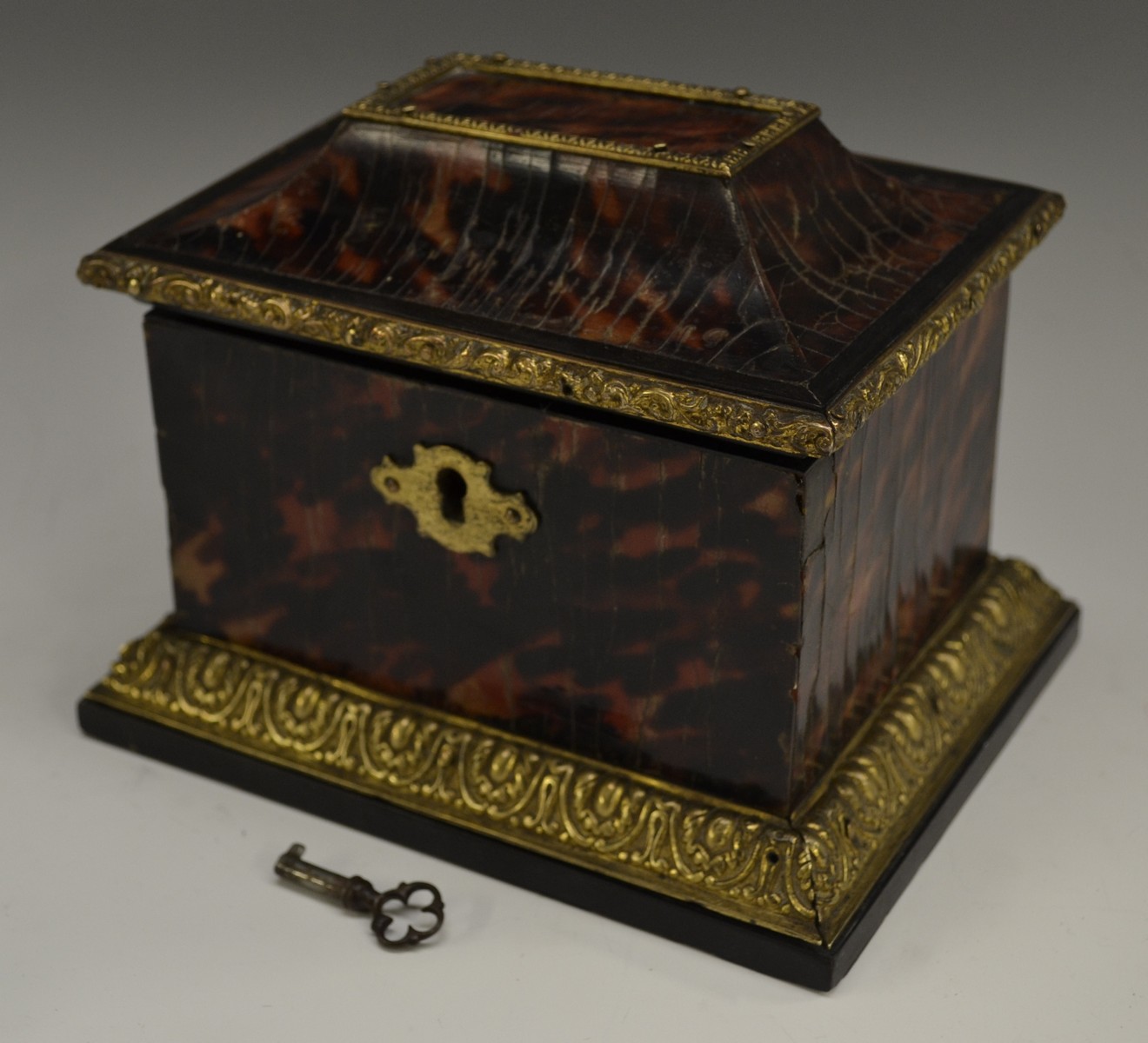 A 19th century European gilt metal mounted tortoiseshell casket, hinged sarcophagus cover, - Image 2 of 4