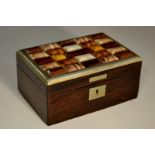 A 19th century rosewood and hardstone box, hinged cover applied with twenty-five specimen tablets,