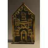 A 19th century steel and brass novelty money box, as a bank building, 18cm high, c.