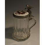A 19th century German porcelain mounted clear glass beer stein,