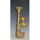 A 19th century giltwood bracket pricket candlestick, carved with scrolling acnthus,