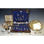 Silver Plated Ware - a pedestal dish; circular salver; a cased set of six tea knives,