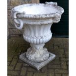 A substantial neo-classical fluted garden campana composition garden urn, divided scroll handles,