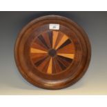 Treen - a George III mahogany and specimen wood circular waiter, moulded border,