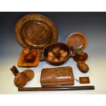 Treen - carved olive wood bowls; turned eggs; newspaper pole; turned wooden mushroom;