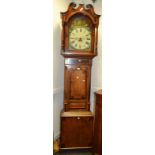 A George III longcase clock, turned swan neck cornice (missing finial) boxwood stringing,