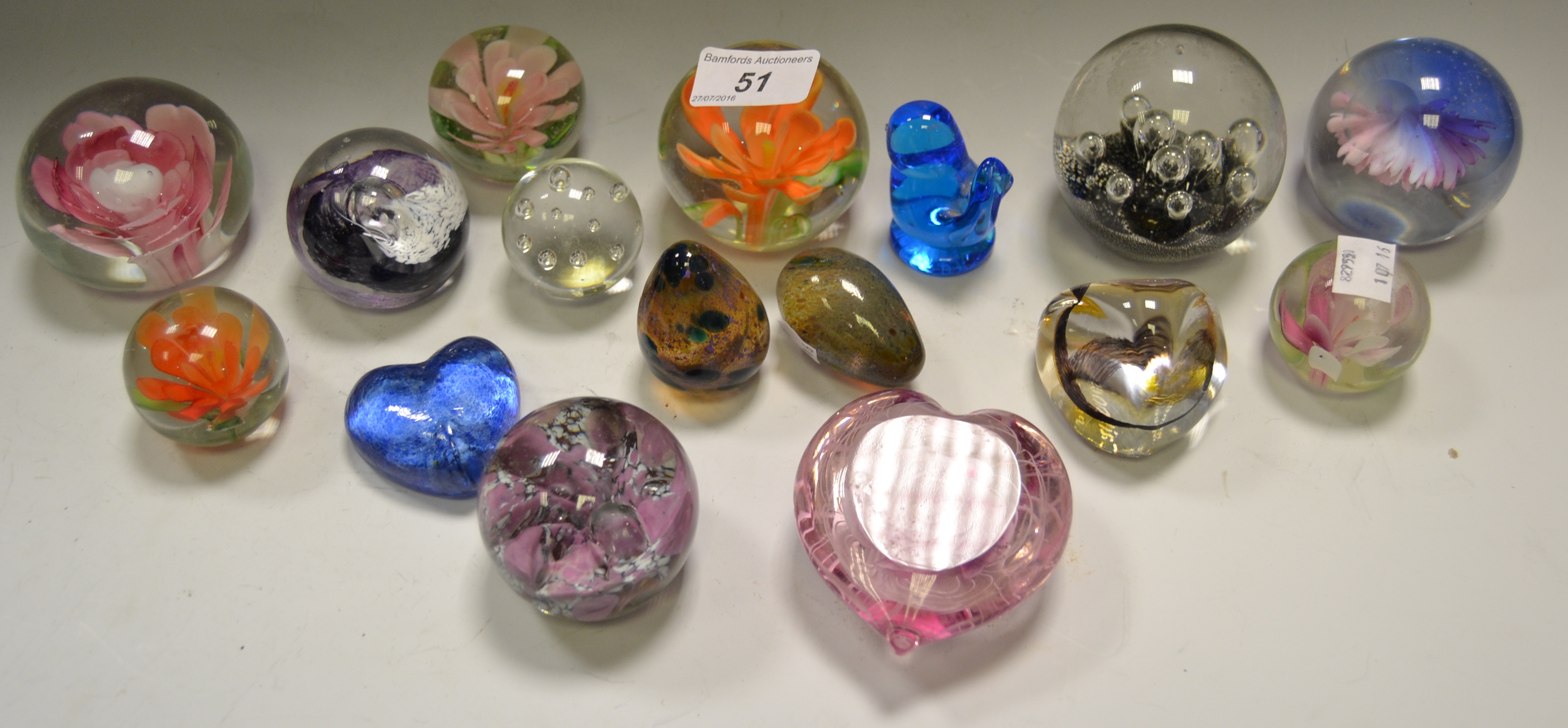 Paperweights - various, Belle Glass heart shaped, flower inclusions; Isle of Wight type,
