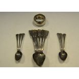 A set of six silver Fiddle pattern tea spoons; a set of six silver coffee spoons;
