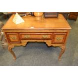 A 'George III' mahogany crossbanded oak lowboy, moulded top above three drawers,