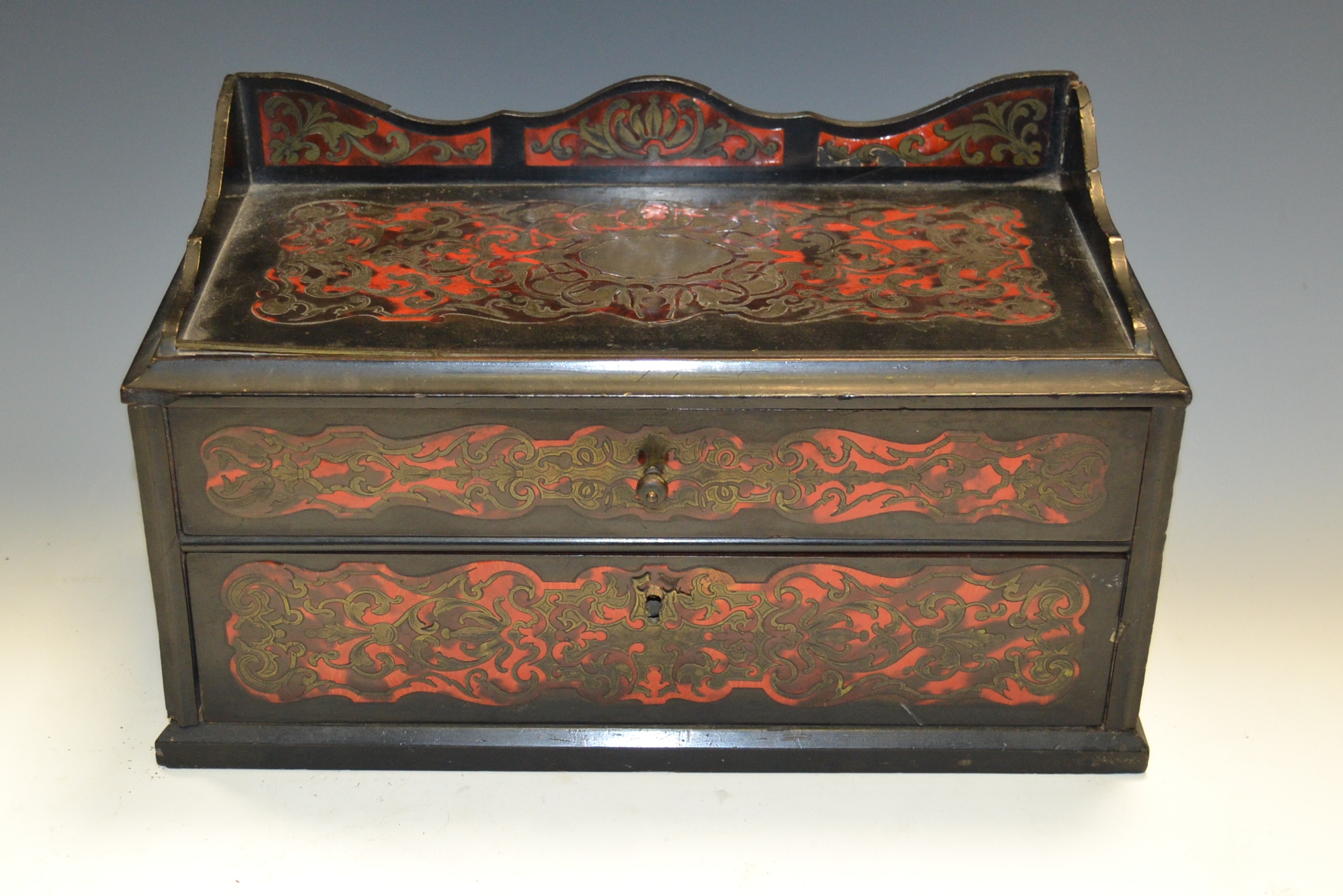 A 19th century Boule side cabinet, three-quarter gallery, above two drawers, plinth, 27.5cm wide, c.