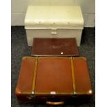 Vintage luggage - a metal travel trunk, a banded leather suitcase, another (3).