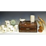 Household Goods- a rosewood and mother of pearl inlaid workbox; a pair of carved horn birds;