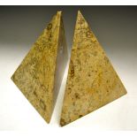 A pair of polished fossil stone obelisk bookends