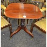 A Regency mahogany tilt top table, rounded square top, turned column, three cabriole legs,