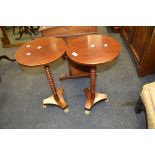 A pair of stained' mahogany' occasional tables, bobbin turned support, brass cast pad feet.