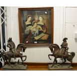 A pair of early 20th Century spelter figures, cavaliers on horseback; a framed print, (3).