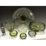 Coloured Glass - a 1970s green glass pedestal bowl; an opaque glass bowl,